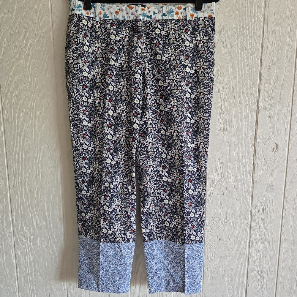 J. Crew Navy Floral Cropped Pants with Light Blue Cuffs